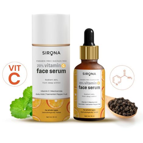 Sirona 20% Vitamin C Face Serum for Men & Women – 30 ml for Repair Skin Damage, Heals Dark Spots & Makes Skin Radiant | with Niacinamide, Gotu Kala & Tasmanian Pepper Fruit