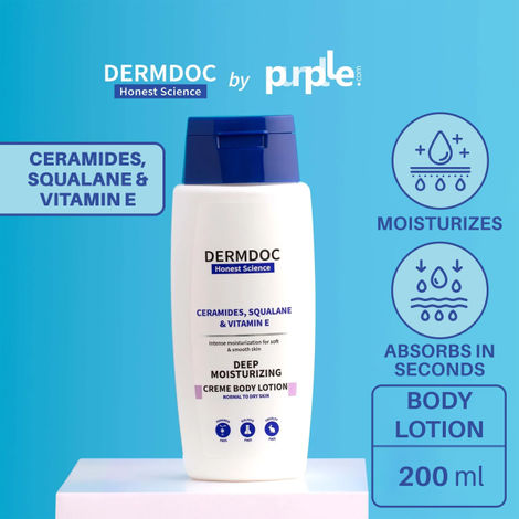 DERMDOC by Purplle Ceramides, Squalane & Vitamin E Deep Moisturising Creme Body Lotion (200ml) | body lotion for dry skin | non-greasy moisturizer, quick absorbing, long lasting moisture