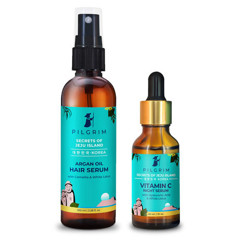 Pilgrim Skin & Hair Revitalizing Serum Combo | Deep Moisturization | Enhances natural glow | Improves Elasticity | Vitamin C Night Serum 30ml, Argan Oil Hair Serum 100ml | Korean Beauty Secrets | For Men & Women