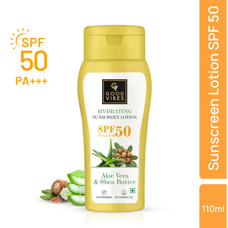 Good Vibes Aloe Vera & Shea Butter Hydrating Sunscreen Lotion SPF 50, Skin Moisturizing | Vegan, No Parabens, No Mineral Oil, No Silicones (110 ml)