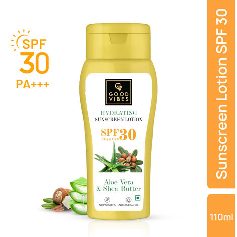 Good Vibes Aloe Vera & Shea Butter Hydrating Sunscreen Lotion SPF 30, Skin Moisturizing | Vegan, No Parabens, No Mineral Oil, No Silicones (110 ml)