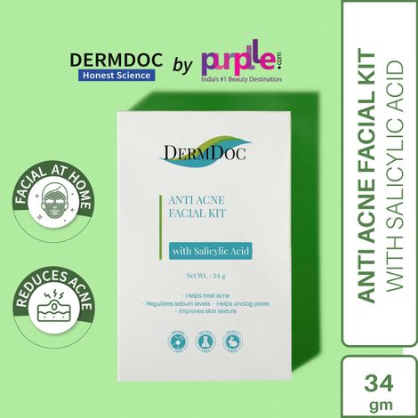 DERMDOC by Purplle Anti Acne Facial Kit with Salicylic Acid (34g) | facial for acne, oil control | cleanser, scrub, toner, cream, peel off mask
