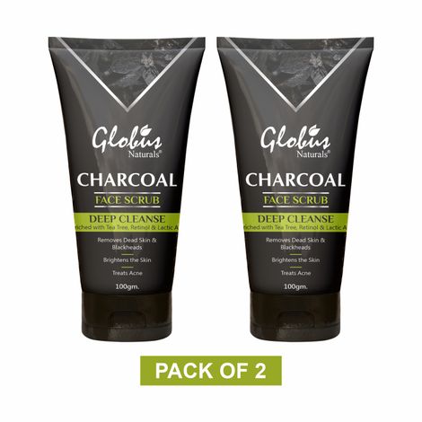 Globus Naturals Charcoal Face Scrub Enriched with Tea Tree,Retinol & Lactic Acid for Exfoliation, Anti-acne & Pimples, Blackhead Removal Scrub (200 g)