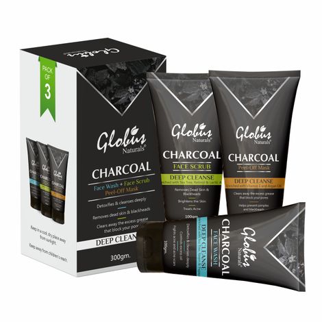 Globus Naturals Activated Charcoal Anti Acne, Anti Pollution, Anti Tan Kit | Removes Blackheads, De-tans, Unclogs Pores & Deep Cleanses| Face Wash, Face Scrub, Face Mask