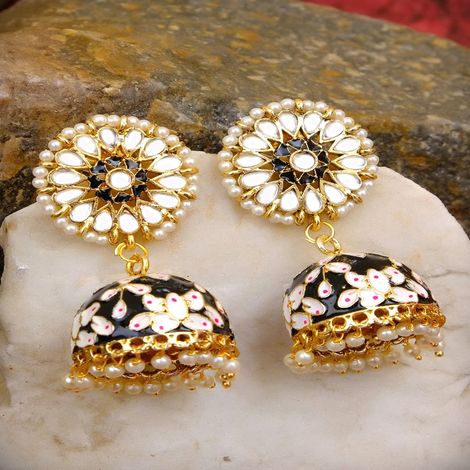 Crunchy Fashion Designer Meenakari Kundan Black Gold Plated Earrings RAE1000