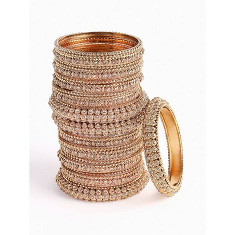 Zeneme Set of 28 Antique Gold Plated Stone Studded Textured Detail Bangles