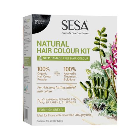 Sesa 4 Step Natural Hair Colour Kit - For HIGH GREY % - 100% Organic & Ayurvedic - NO Ammonia, PPD, Peroxide (200 g + 40 ml)