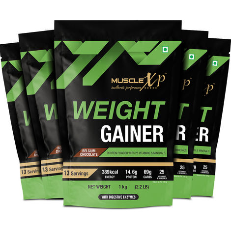 MuscleXP Weight Gainer With 25 Vitamins and Minerals Digestive Enzymes Belgium Chocolate 1kg Pouch 2.2 lb Pack Of 5