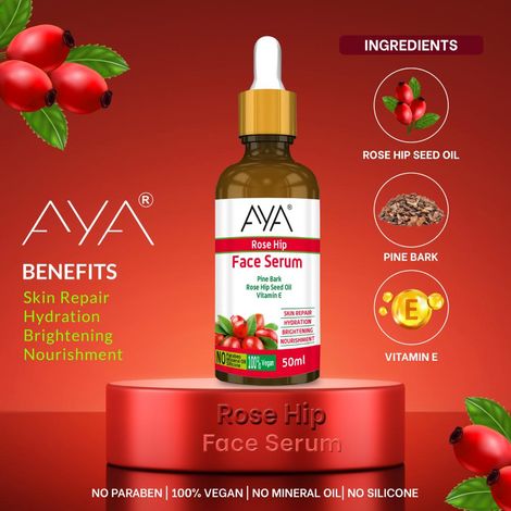 AYA Rosehip Face Serum (50 ml) | For Skin Repair, Hydration, Brightening and Nourishment | No Paraben, No Silicone, No Mineral Oil