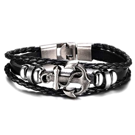 Wide vintage black leather wrap bracelet – ISHAOR