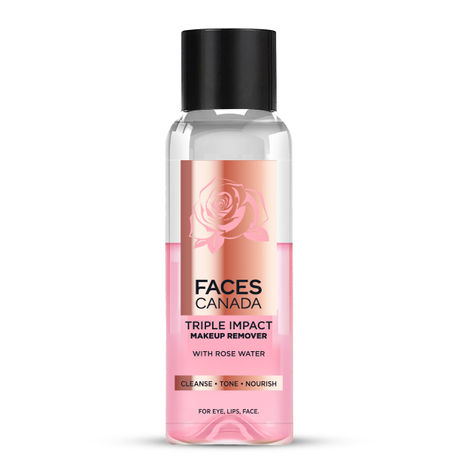 FACES CANADA Triple Impact Makeup Remover, 120 ml | With Rose Water | 3-IN-1 Cleanse, Tone & Nourish | Deep Cleanses & Removes Makeup For Eyes, Lips & Face | Bi-Phasic Formula