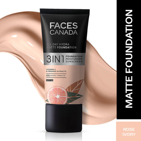FACES CANADA All Day Hydra Matte Foundation | 3-in-1 Foundation + Moisturizer + SPF30 | 10HR Long Wear | Buildable Coverage | Rose Ivory, 25ml