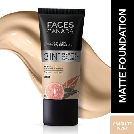FACES CANADA All Day Hydra Matte Foundation | 3-in-1 Foundation + Moisturizer + SPF30 | 10HR Long Wear | Buildable Coverage | Absolute Ivory, 25ml