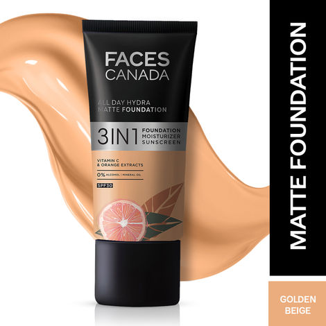 FACES CANADA All Day Hydra Matte Foundation | 3-in-1 Foundation + Moisturizer + SPF30 | 10HR Long Wear | Buildable Coverage | Golden Beige, 25ml