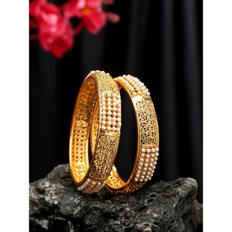 YouBella Set of 2 Gold Plated Off White Beaded Bangles