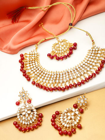 YouBella Maroon Gold Plated Stone Studded Handcrafted Jewellery Set