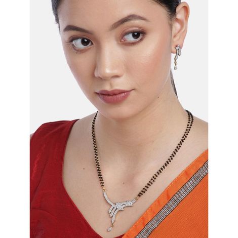 YouBella Black Gold Plated Stone Studded Beaded Mangalsutra with Earrings