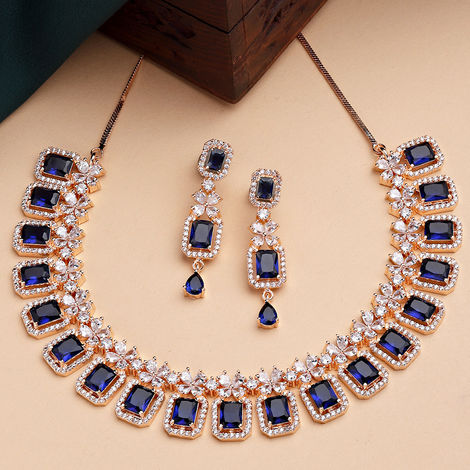 Karatcart Rose Gold Plated Blue AD Necklace Set for Women