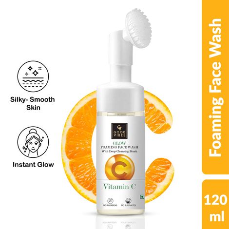 Good Vibes Vitamin C Glow Foaming Face Wash With Deep Cleansing Brush | Face Cleanser | Non-Drying, Brightening, Clear Skin | No Parabens, No Sulphates, No Animal Testing (150 ml)
