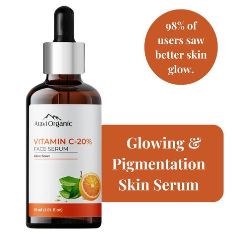 Aravi Organic 20% Vitamin C Face Serum For Brightening, Dark Spots, Dull Skin,Uneven Skin Tone - For All Skin Types - 30 ml