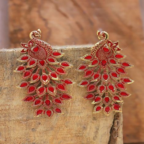 Crunchy Fashion Oxidized Gold plated Traditional Peacock Royal Red Dangler Design Earrings RAE1490