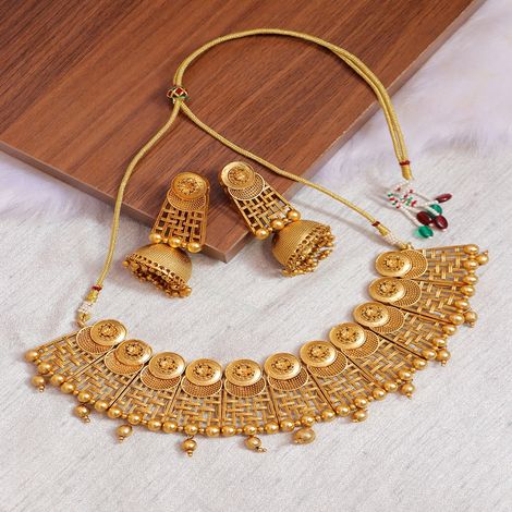 Crunchy Fashion Crunchy Fashion Ethnic Gold Plated Antique Design Choker Jhumki Jewellery Set RAS RAS0246