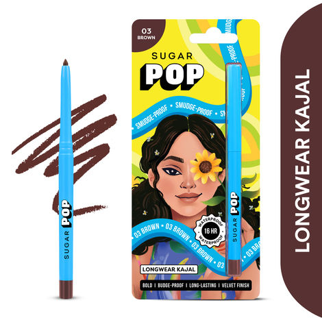 SUGAR POP Longwear Kajal - 03 Brown - Intense Brown Kohl Kajal for Women l Long Lasting, Smudge Proof, Water Proof, Single Stroke Velvet Finish l Lasts up to 16 Hours