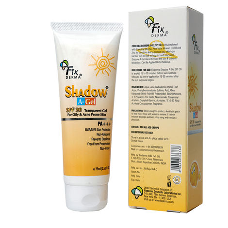 Fixderma Shadow Sunscreen A-Gel SPF 30, Moisturizer For Acne Prone Skin,Sun Screen Protector SPF 30, Sunscreen For Body & Face, Broad Spectrum Sunscreen For Uva & Uvb Protection, Sunscreen For Women & Men,Transparent Gel - 75ml