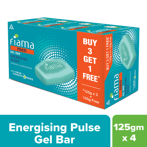 Fiama Men Energizing Sport Gel Bar, With Ginseng, Lemongrass & skin conditioners For Moisturized Skin, 500g (125g - Pack of 3+1), Soap for Men