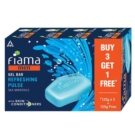 Fiama Men Refreshing Pulse Gel Bar, With Sea Minerals & Skin Conditioners For Moisturized Skin, 500g (125g - Pack of 3+1), Soap for Men