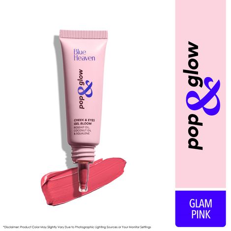 Blue Heaven Pop & Glow Eye & Cheek tint blusher for face makeup, Blush enriched with Rosehip and Coconut oil - Glam Pink, 12ml