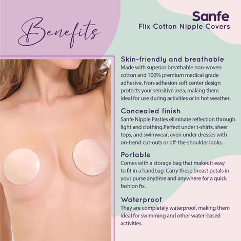 Sanfe Flix Cotton Nipple Covers, 10 Breathable Nipple Pasties, No Show Bra  For Women, Skin Friendly Adhesive, disposable