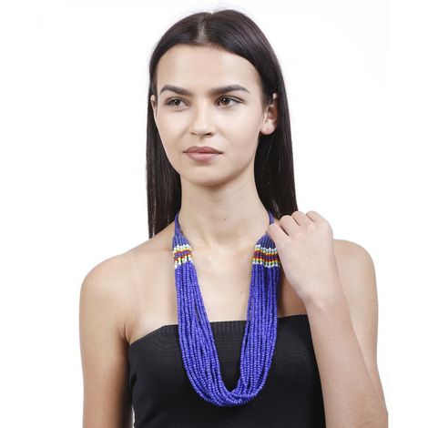 Bamboo Tree Jewels Blue Color Beaded Thread Long Necklace