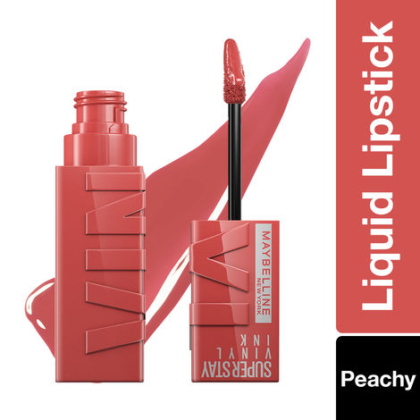 Maybelline Superstay Vinyl Ink Liquid Lipstick, Peachy | High Shine That Lasts for 16 HRs | Enriched With Vitamin E & Aloe 4.2 ml