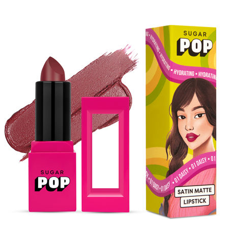 SUGAR POP Satin Matte Lipstick - 01 Daisy - 3 gm - Infused with Vitamin E, Shea Butter & Jojoba Oil l Full Coverage, Ultra Pigmented, Hydrating, Weightless Formula l Lipstick for Women