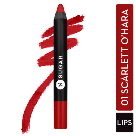 SUGAR Cosmetics - Matte As Hell - Crayon Lipstick - 01 Scarlett Ohara (Red) - 2.8 gms - With Free Sharpner