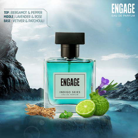 Engage Indigo Skies Perfume for Men Long Lasting Smell, Fresh and Earthy  Fragrance Scent, for Everyday Use, Gift for Men, Free Tester with pack,A  100