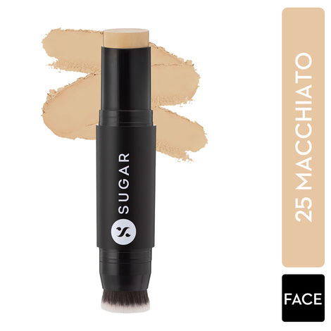 SUGAR Cosmetics - Ace Of Face - Foundation Stick - 25 Macchiato (Light Medium Foundation with Olive Undertone) - Waterproof, Full Coverage Foundation for Women with Inbuilt Brush