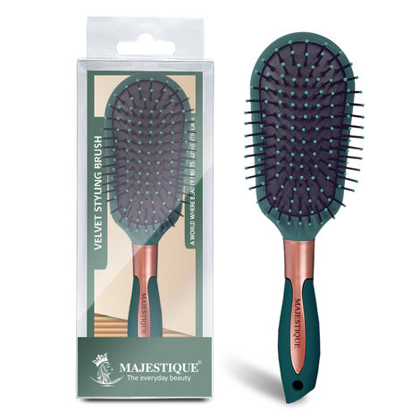 Majestique Velvet Styling Hair Brush | Nylon Round-Tip Bristles Hair Comb | Mini Paddle Hair Brush | For Detangling, Separating, Shaping - Green