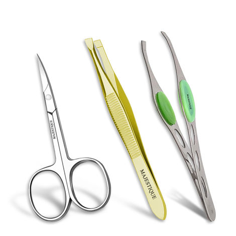 Majestique Eye Tools Set - Eyebrow Tweezer And Wide Slant Tip Tweezer with Premium Nazal Scissors for Women, Girls - Color May Vary