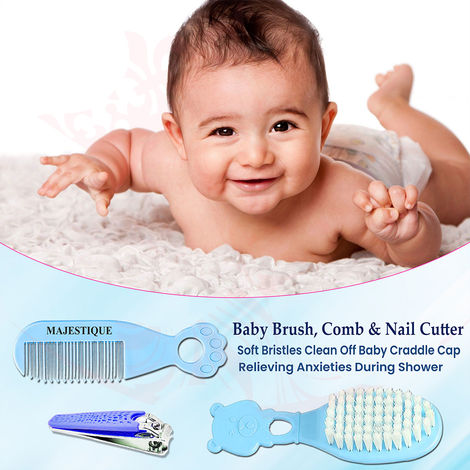 Majestique Baby Grooming Set - Baby Hair Brush, Comb and Nail Cutter Set for Newborns & Toddlers - Blue