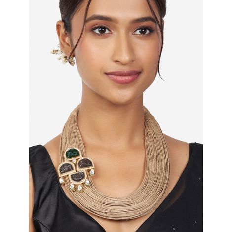 Joules by Radhika Jute Necklace With Brown Grey Stones