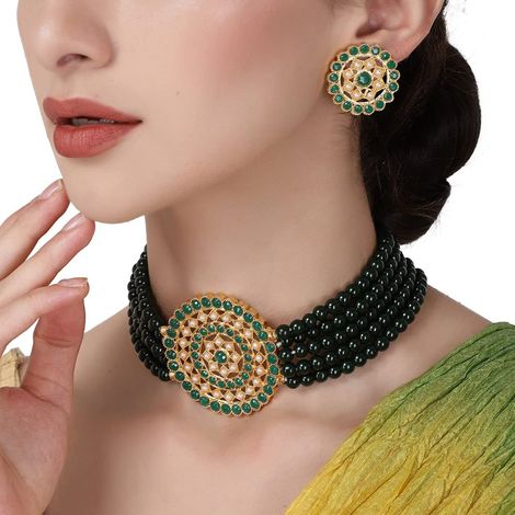 Pujvi Fashions Green Alloy Necklace Set For womens or girls. Green Big Round Green Choker Necklace Set1