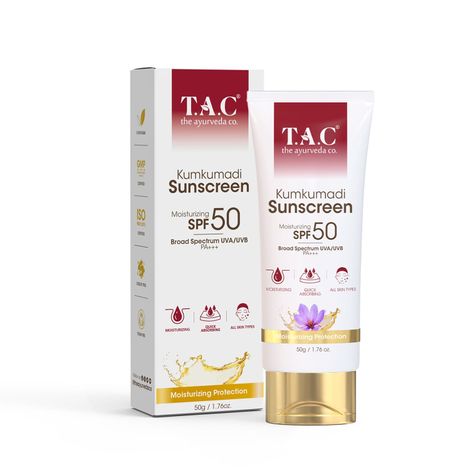TAC - The Ayurveda Co. Kumkumadi Sunscreen Moisturizing SPF 50 UVA/UVB PA+++ Moisturizing Protection, 50gm