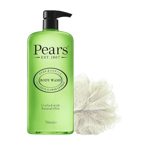Pears Pure & Gentle Lemon Extract Body Wash, 100% Soap Free, 750ml (Free Loofah)