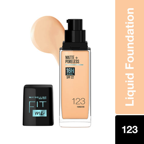 Maybelline New York Fit Me Matte+Poreless Liquid Foundation 123 - Soft Nude | Matte Finish with 16 HR Oil Control + SPF 22 30 ml