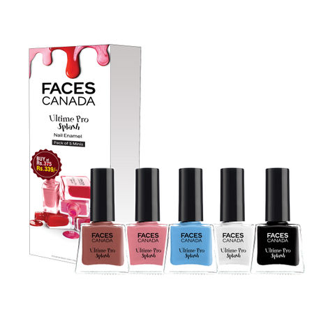 FACES CANADA Ultime Pro Splash Mini Nail Enamel Value Pack of 5 | Black Beauty + White O White + Ignite + Plum + Frozen | 25 ml | Quick-Drying | High Shine | Chip-Resistant | Long Lasting