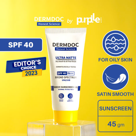 DERMDOC by Purplle Ultra Matte Sheer Sunscreen Gel SPF 40 (45gm) | matte sunscreen for oily skin | sunscreen for face | ultra matte sunscreen gel | waterproof & sweat resistant sunscreen gel | mattifying sunscreen | no white cast | matte finish