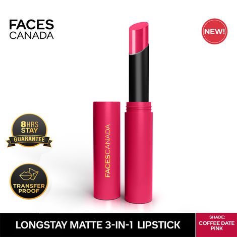 FACES CANADA Long Stay 3-in-1 Matte Lipstick - Coffee Date Pink 02, 2g | 8HR Longstay | Transfer Proof | Moisturizing | Chamomile & Shea Butter | Primer-Infused | Lightweight | Intense Color Payoff