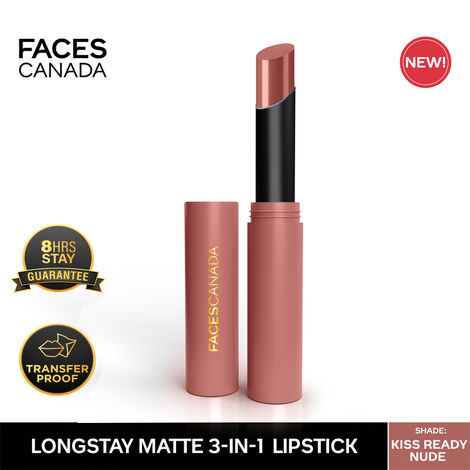 FACES CANADA Long Stay 3-in-1 Matte Lipstick - Kiss Ready Nude 03, 2g | 8HR Longstay | Transfer Proof | Moisturizing | Chamomile & Shea Butter | Primer-Infused | Lightweight | Intense Color Payoff